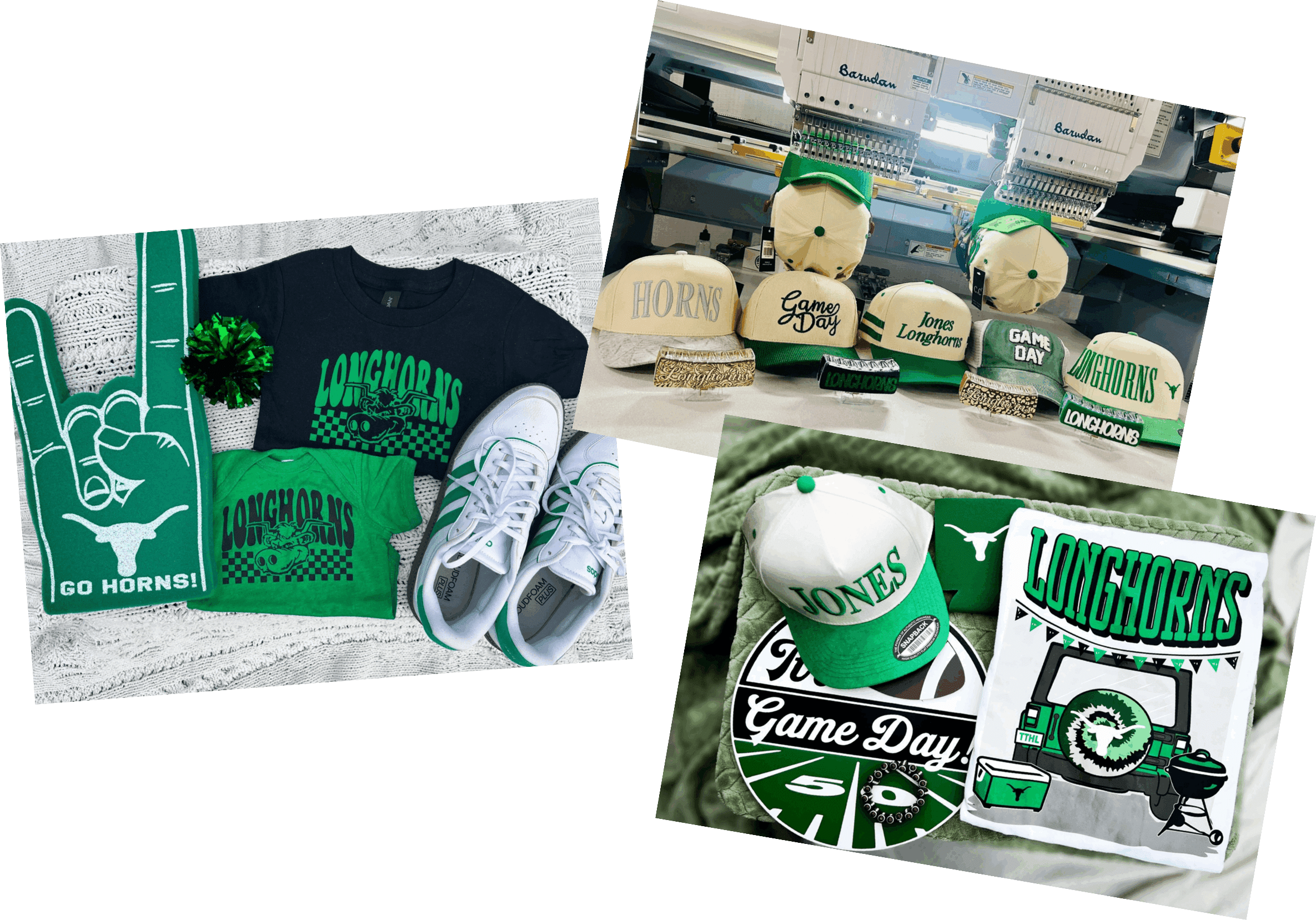 Sports merchandise including apparel and accessories displayed.